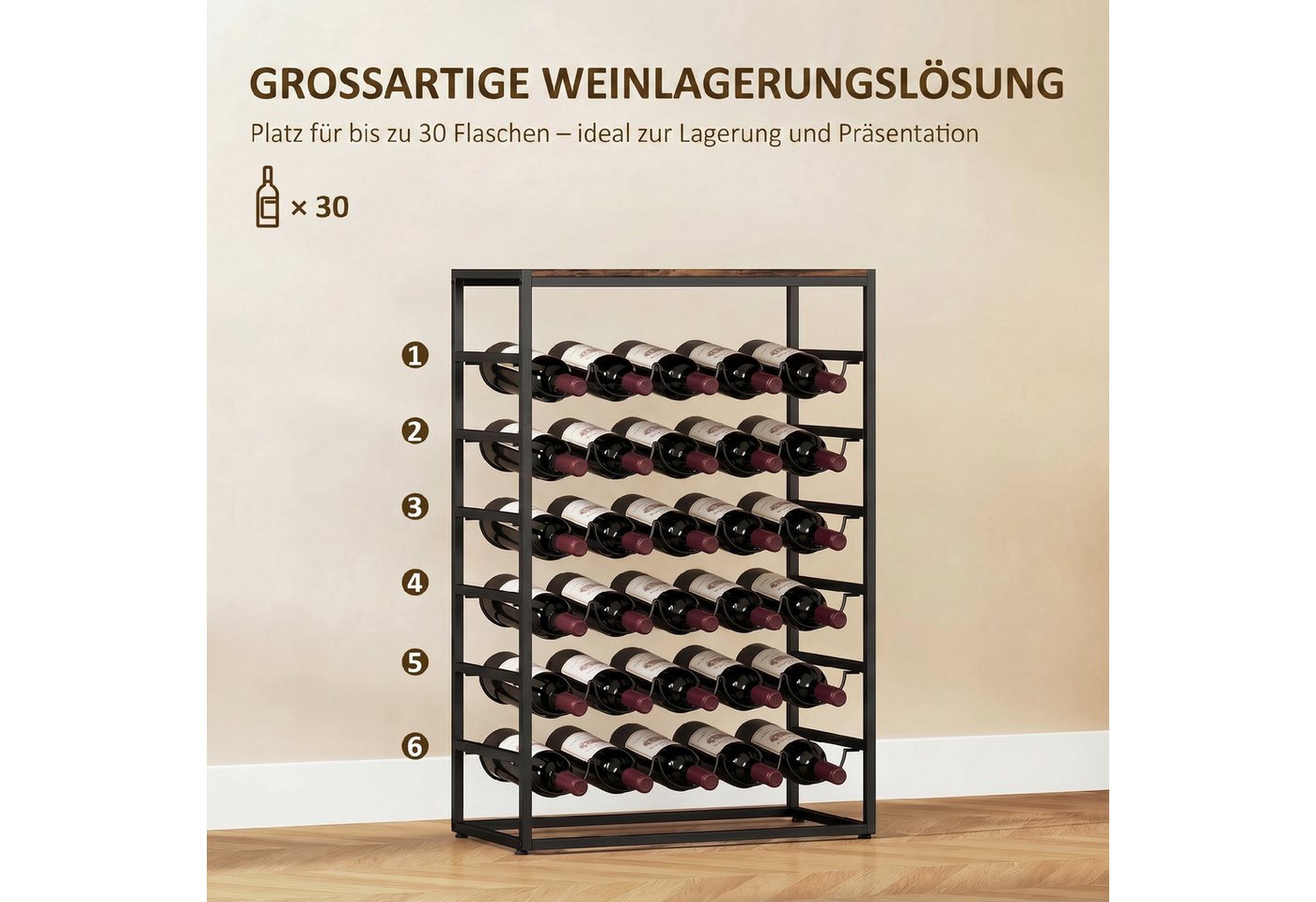 HOMCOM Weinregal Flaschenregal Weinflaschenhalter für 30 Flaschen aus Metall, freistehender Flaschenhalter 1-tlg., für Keller, Lagerraum, 59 x 30 x 88,5 cm Rustikal-Braun Bild 4
