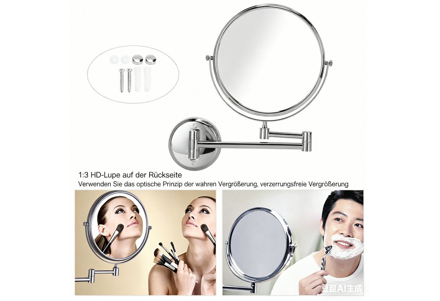 GARRYFIZH Kosmetikspiegel Schminkspiegel Wandmontage, 3x Vergrößerung, Ausziehbar, Badspiegel, Zweiseitig, 360° schwenkbar, Kupfer verchromt, Rostfrei & Robust Bild 2