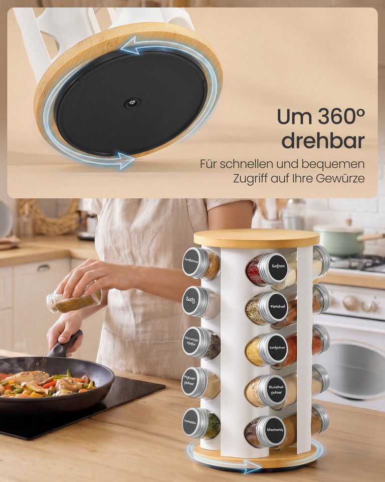 SONGMICS Gewürzregal drehbar, mit 20 Gewürzgläsern, Gewürz-Organizer, Küchenregal, mit Etiketten und Zubehör Bild 5