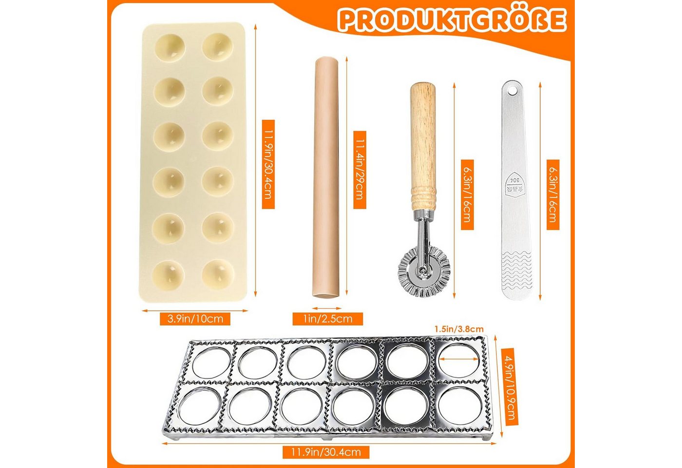 BlingBin Ravioliform Ravioli Maker 5er Set mit Nudelholz, Teigtaschenrad, Fleischspatel, (5er Set 5-tlg), Ravioli Ausstecher aus Aluminium für alle Arten von Teig und Gebäck