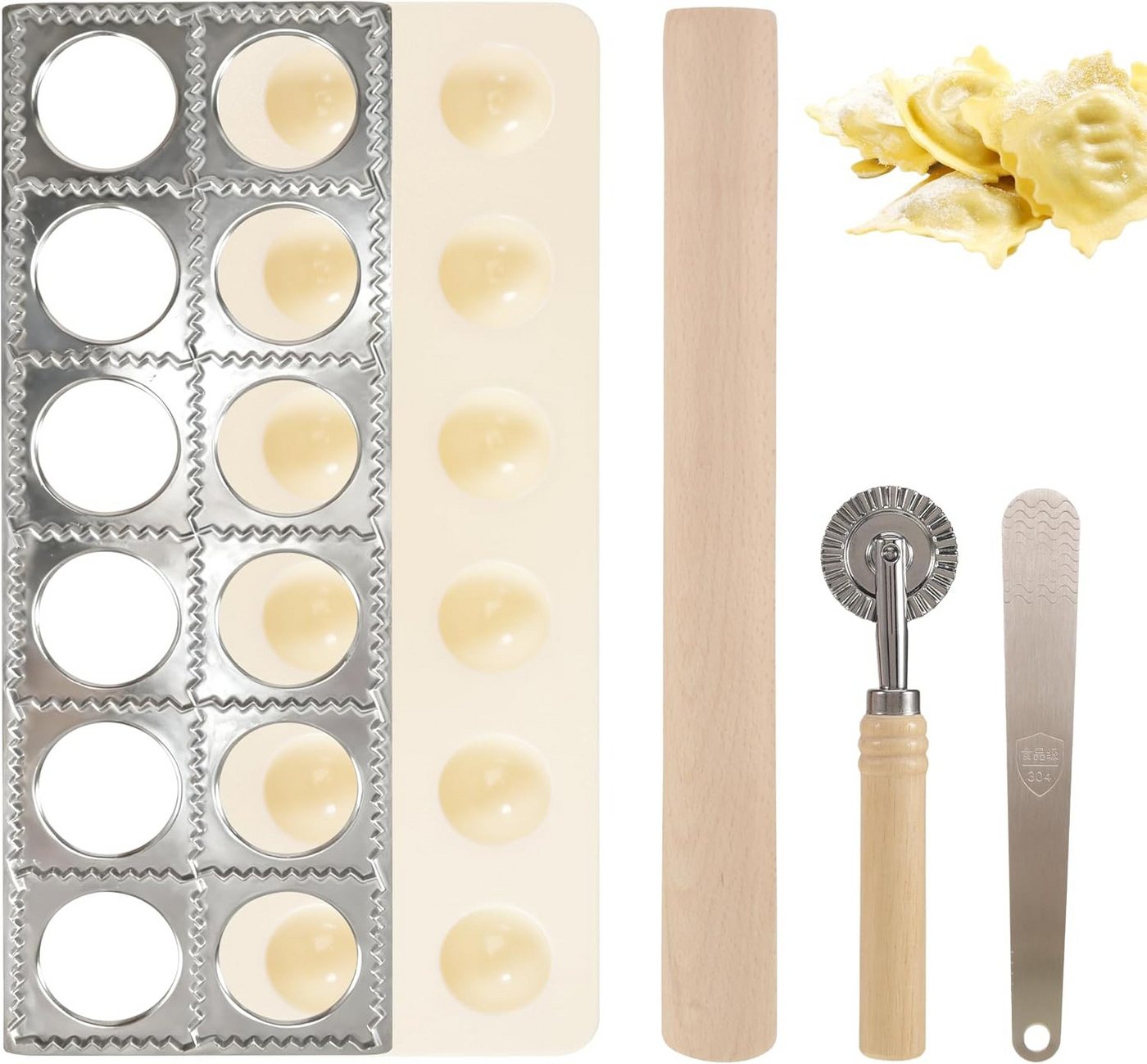 BlingBin Ravioliform Ravioli Maker 5er Set mit Nudelholz, Teigtaschenrad, Fleischspatel, (5er Set 5-tlg), Ravioli Ausstecher aus Aluminium für alle Arten von Teig und Gebäck Bild 2