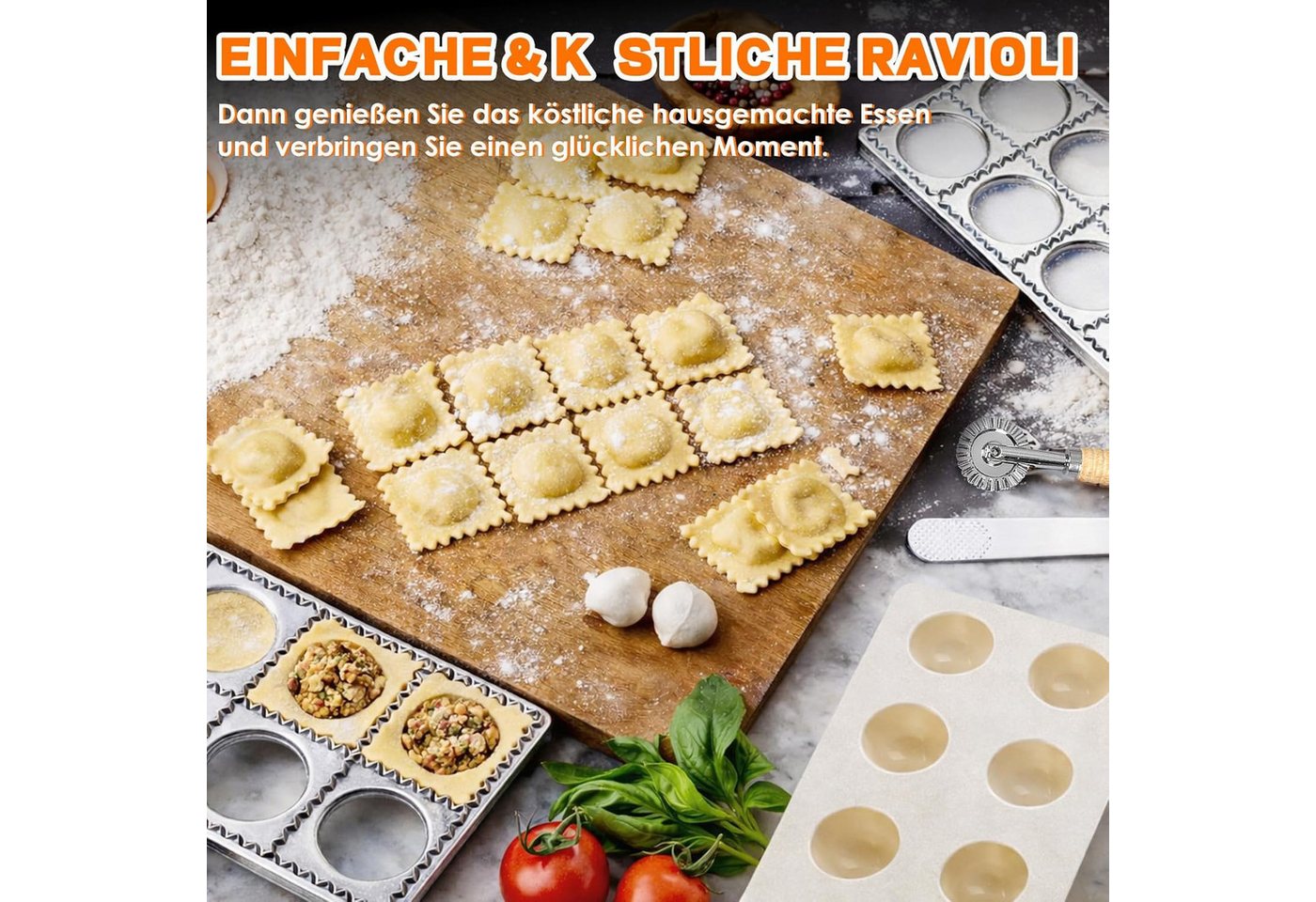 BlingBin Ravioliform Ravioli Maker 5er Set mit Nudelholz, Teigtaschenrad, Fleischspatel, (5er Set 5-tlg), Ravioli Ausstecher aus Aluminium für alle Arten von Teig und Gebäck Bild 3