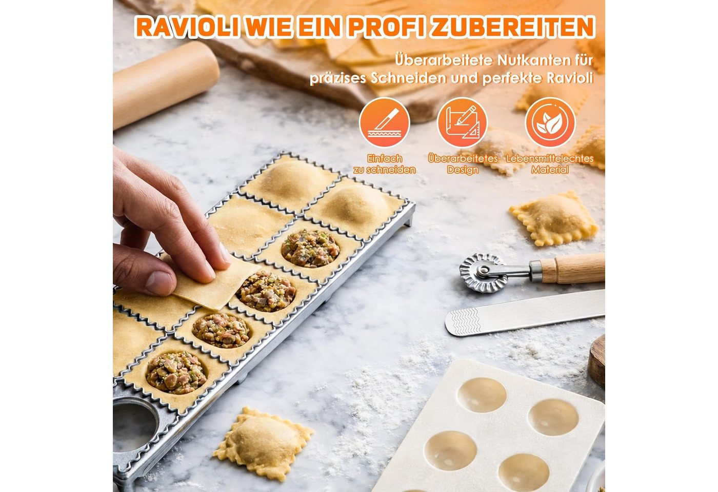 BlingBin Ravioliform Ravioli Maker 5er Set mit Nudelholz, Teigtaschenrad, Fleischspatel, (5er Set 5-tlg), Ravioli Ausstecher aus Aluminium für alle Arten von Teig und Gebäck Bild 5
