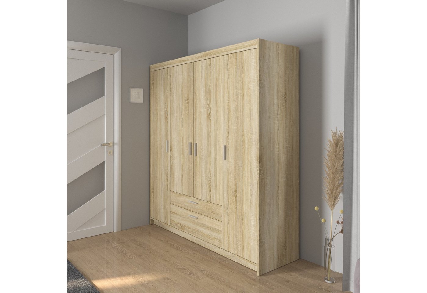 Masseno Drehtürenschrank ELENORA 176,3 cm Kleiderschrank 4 Türen und 2 Schubladen Eiche Sonoma Bild 2