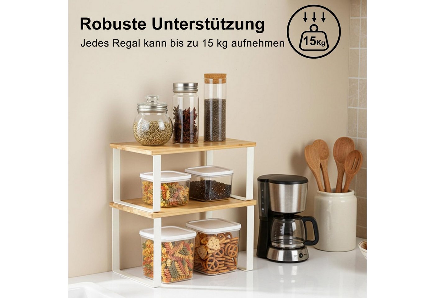 Youyijia Gewürzregal Küchenschrank Organizer Set stapelbar Metall Holz Gewürzregal Küche Bild 2
