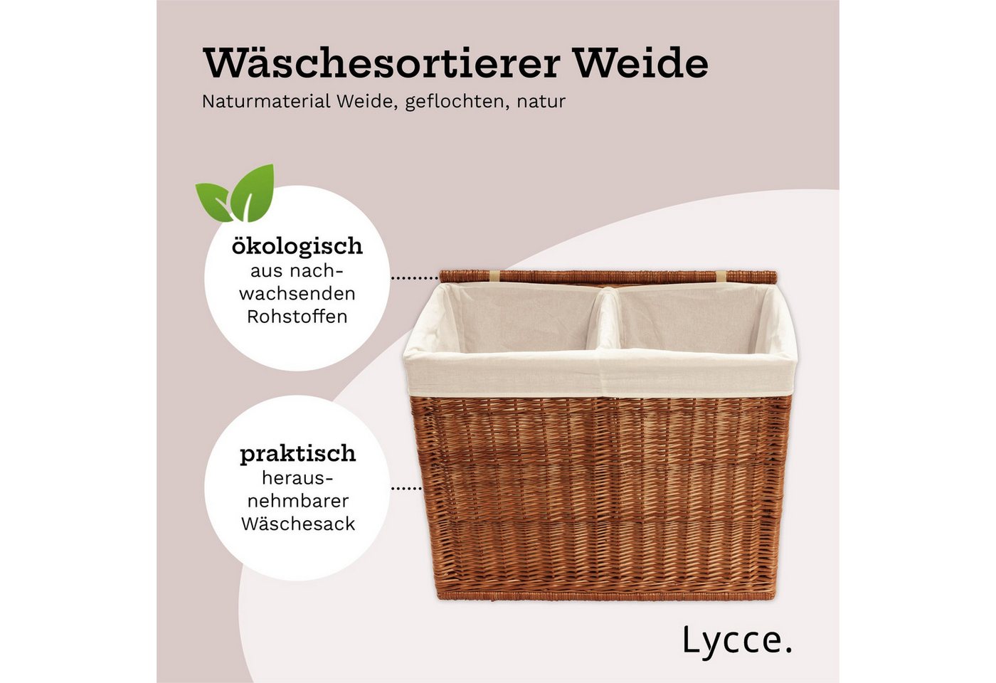 Lycce Wäschesortierer Wäschekorb 2 Fächer 120 l Wäschesortierer Weide natur 67 x 33 x 56 cm Bild 5