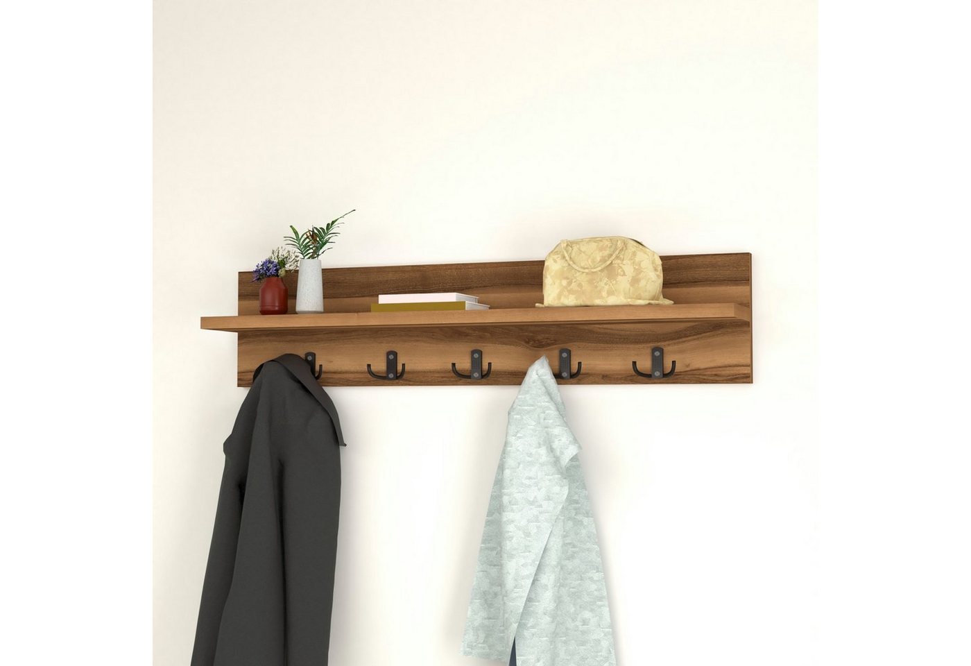 en.casa Wandgarderobe, »Hammarö« Flurgarderobe mit Ablage und 10 Kleiderhaken Walnuss