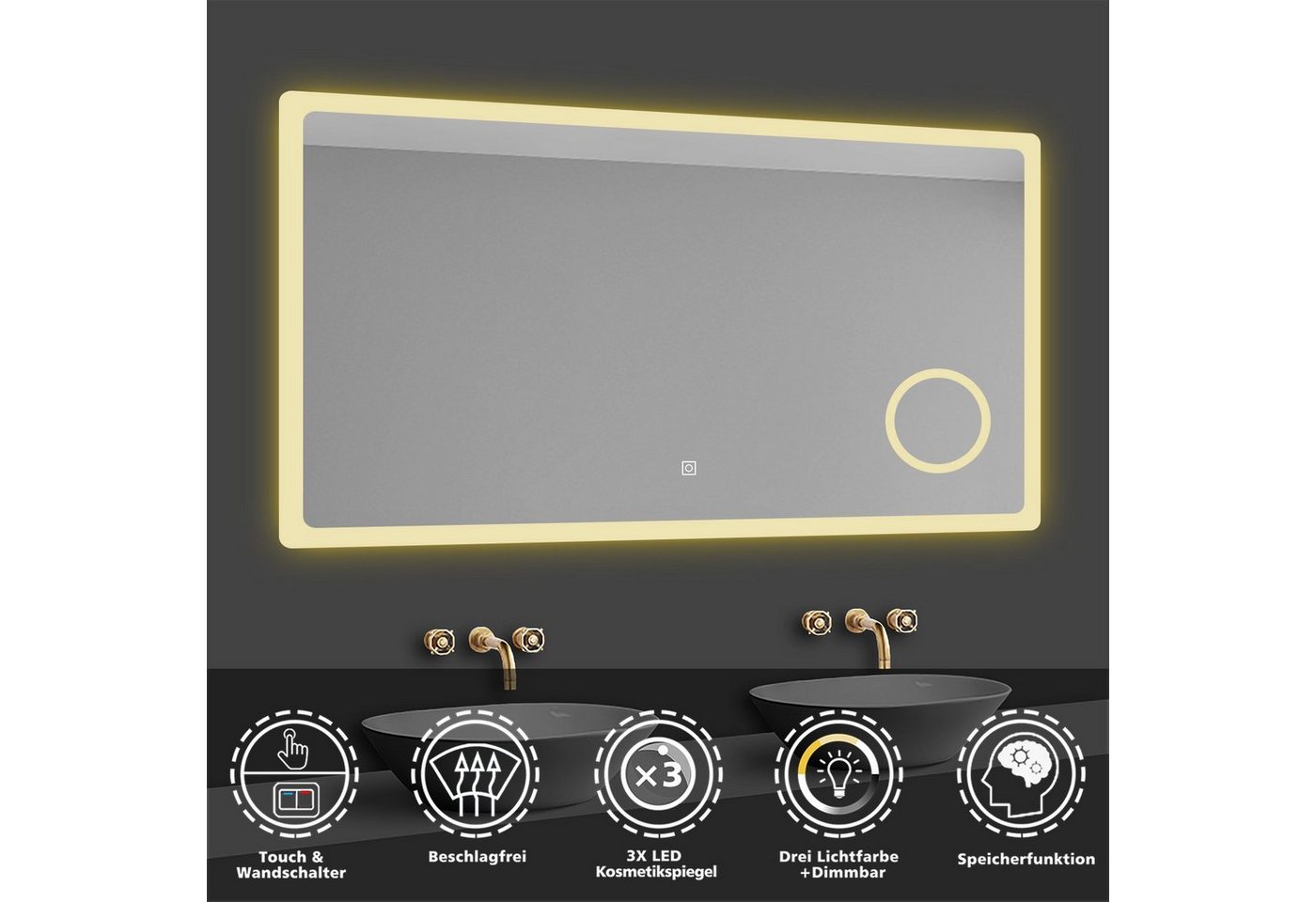 duschspa Badspiegel LED Beleuchtung Kalt/Neutral/Warmweiß Dimmbar Beschlagfrei, 3x LED Schminkspiegel, Touch, Wandschalter Bild 3