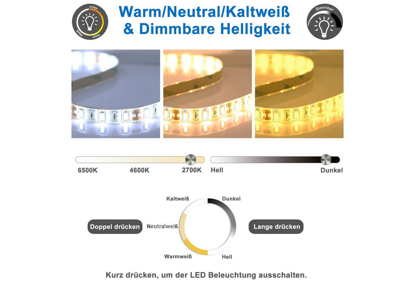 duschspa Badspiegel LED Beleuchtung Kalt/Neutral/Warmweiß Dimmbar Beschlagfrei, 3x LED Schminkspiegel, Touch, Wandschalter Bild 4