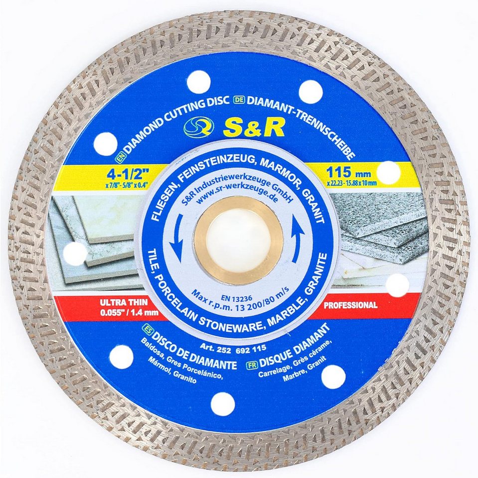 S&R Diamanttrennscheibe in Profie-Qualität 115 mm / 7', superdünner Schneidrand 1.5mm, Ø 115 mm, (Diamanttrennscheibe, + Reduzierring), Trennscheibe für Fliesen, Feinsteinzeug, Marmor, Granit