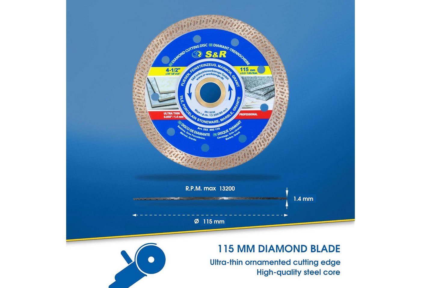 S&R Diamanttrennscheibe in Profie-Qualität 115 mm / 7', superdünner Schneidrand 1.5mm, Ø 115 mm, (Diamanttrennscheibe, + Reduzierring), Trennscheibe für Fliesen, Feinsteinzeug, Marmor, Granit Bild 2