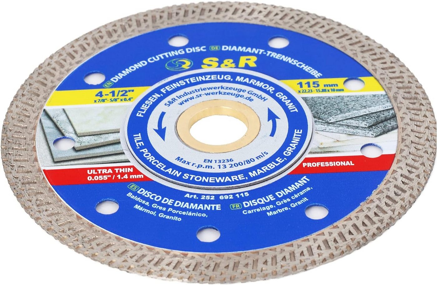 S&R Diamanttrennscheibe in Profie-Qualität 115 mm / 7', superdünner Schneidrand 1.5mm, Ø 115 mm, (Diamanttrennscheibe, + Reduzierring), Trennscheibe für Fliesen, Feinsteinzeug, Marmor, Granit Bild 3