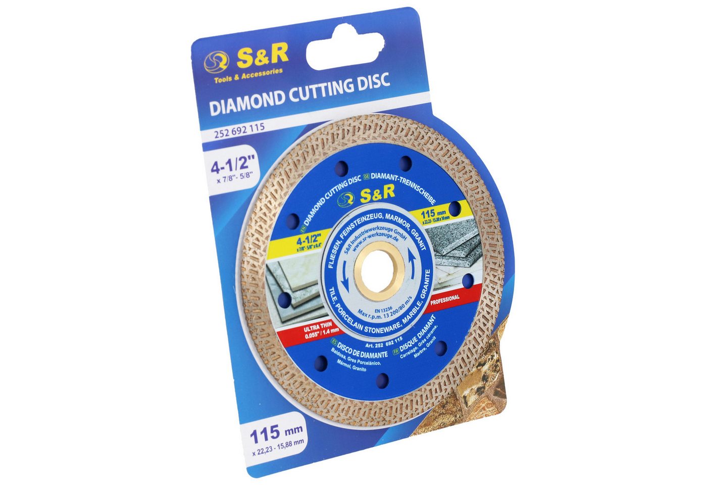 S&R Diamanttrennscheibe in Profie-Qualität 115 mm / 7', superdünner Schneidrand 1.5mm, Ø 115 mm, (Diamanttrennscheibe, + Reduzierring), Trennscheibe für Fliesen, Feinsteinzeug, Marmor, Granit Bild 4