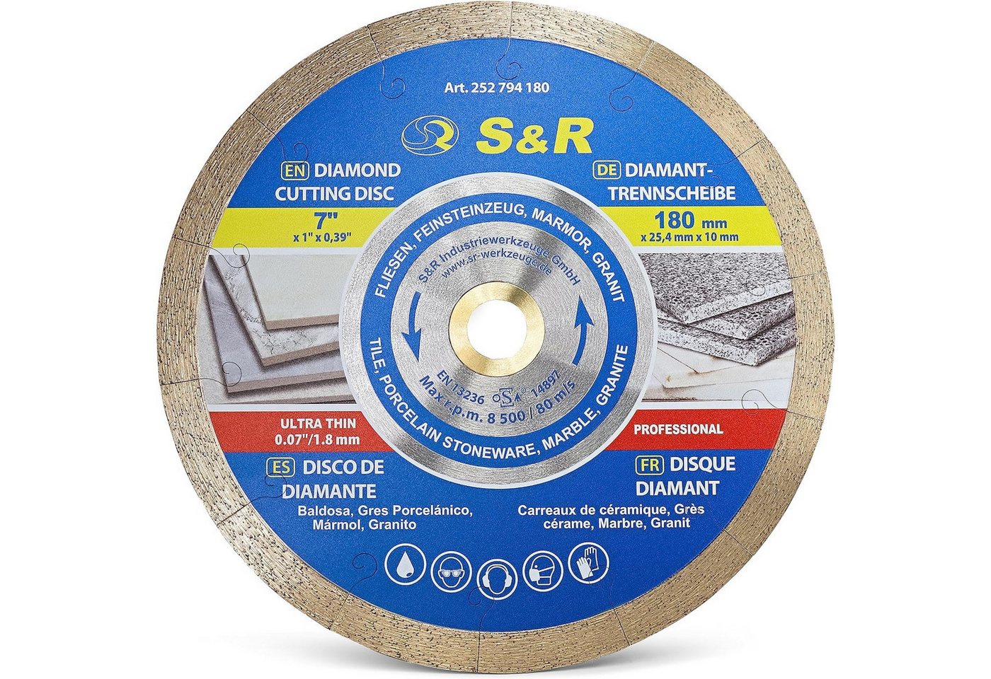 S&R Diamanttrennscheibe 180 x 25,4 x 10 mm, extra dünn, Trennscheibe für sauberes Trennen von, Ø 180 mm, Fliesen, Porzellan, Keramik, Feinsteinzeug, Granit, Marmor