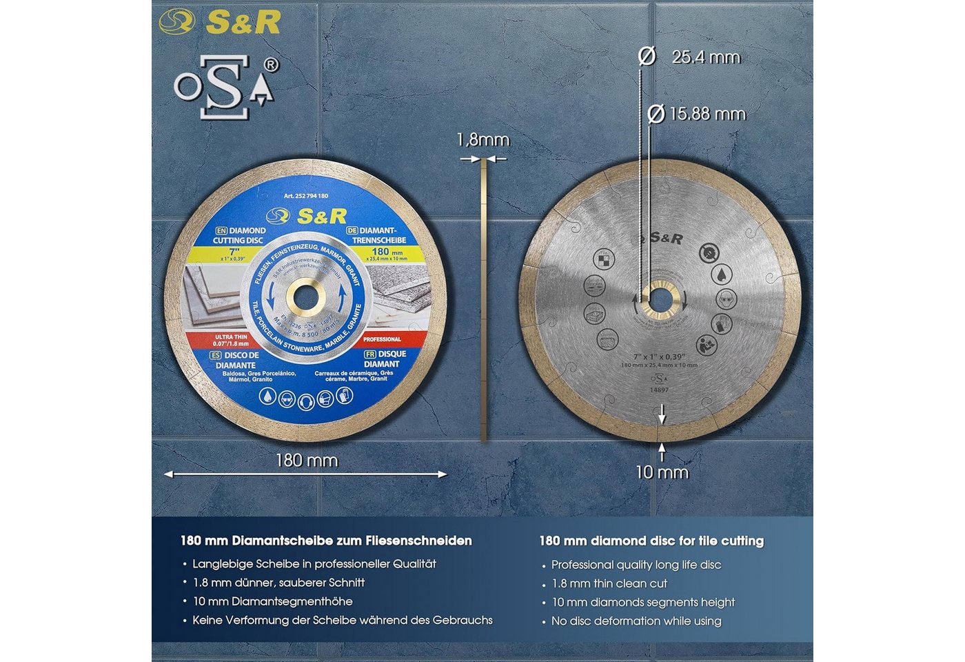 S&R Diamanttrennscheibe 180 x 25,4 x 10 mm, extra dünn, Trennscheibe für sauberes Trennen von, Ø 180 mm, Fliesen, Porzellan, Keramik, Feinsteinzeug, Granit, Marmor Bild 2