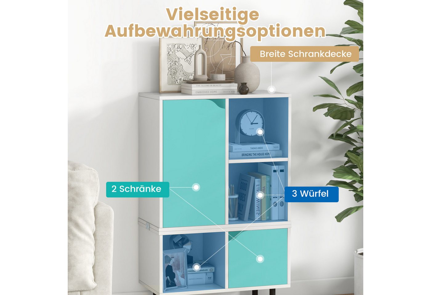 COSTWAY Bücherregal, stapelbar, mit 2 Türen, 5 Fächern & verstellbaren Regal