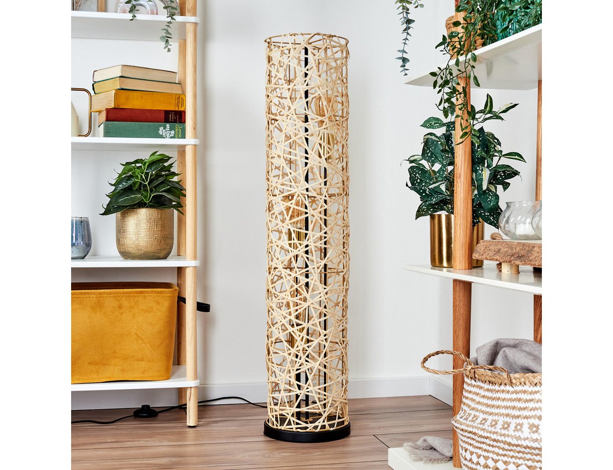hofstein Stehlampe Stehlampe aus Metall/Bambus in Schwarz/Gold/Natur mit Lichteffekt, ohne Leuchtmittel, Leuchte im Skandinavischen/Boho-Design mit Fußschhalter, E27