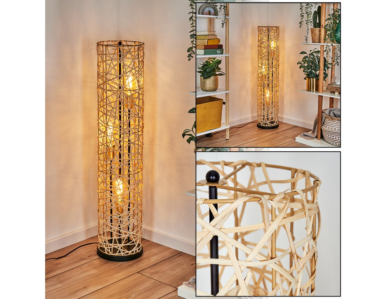 hofstein Stehlampe Stehlampe aus Metall/Bambus in Schwarz/Gold/Natur mit Lichteffekt, ohne Leuchtmittel, Leuchte im Skandinavischen/Boho-Design mit Fußschhalter, E27 Bild 3