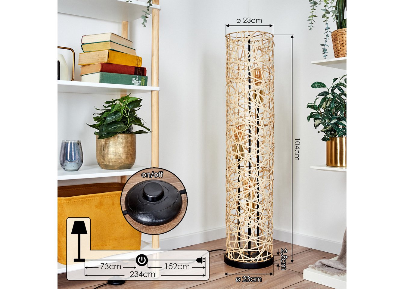 hofstein Stehlampe Stehlampe aus Metall/Bambus in Schwarz/Gold/Natur mit Lichteffekt, ohne Leuchtmittel, Leuchte im Skandinavischen/Boho-Design mit Fußschhalter, E27 Bild 4