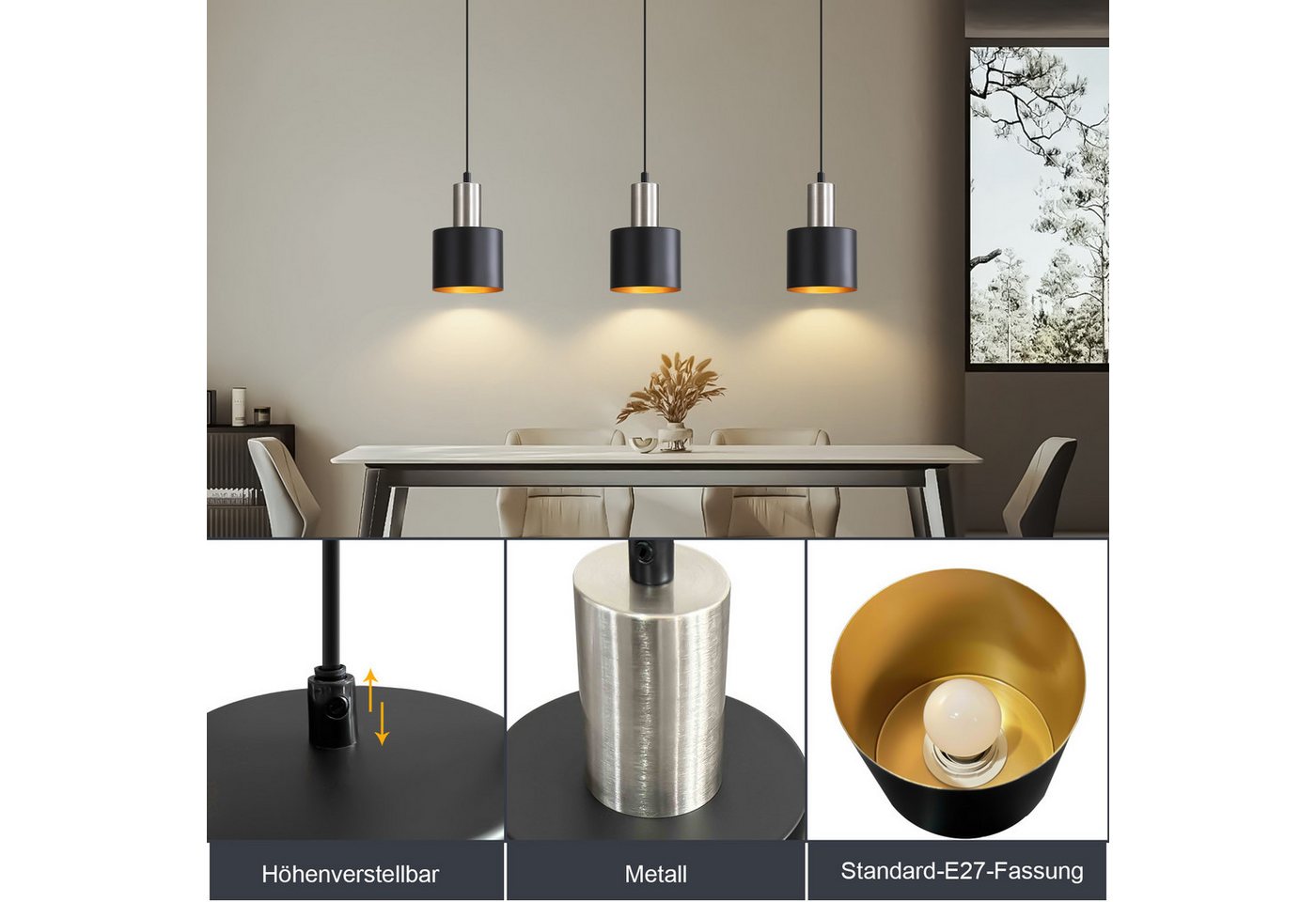 ZMH Pendelleuchte 1-flammig E27 Schwarz/Gold – Retro Esszimmerlampe, Einfache Installation, ohne Leuchtmittel, Höhenverstellbar Retro Hängend Esszimmerlampe