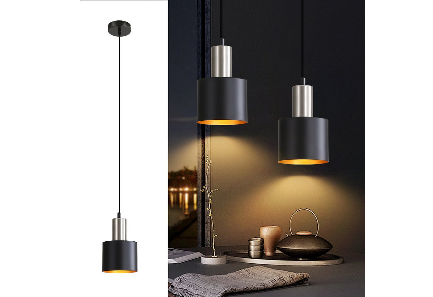 ZMH Pendelleuchte 1-flammig E27 Schwarz/Gold – Retro Esszimmerlampe, Einfache Installation, ohne Leuchtmittel, Höhenverstellbar Retro Hängend Esszimmerlampe Bild 3