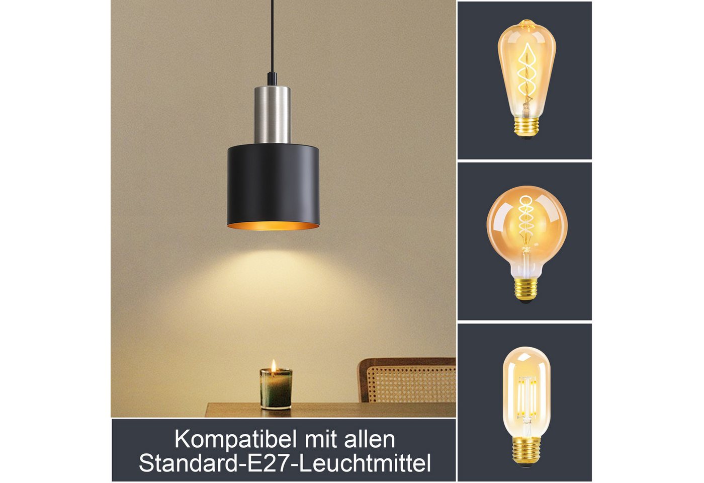 ZMH Pendelleuchte 1-flammig E27 Schwarz/Gold – Retro Esszimmerlampe, Einfache Installation, ohne Leuchtmittel, Höhenverstellbar Retro Hängend Esszimmerlampe Bild 4
