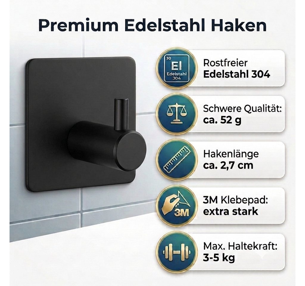 TECBULL Handtuchhaken Klebehaken aus Edelstahl, Wandhaken selbstklebend, V1, Küche, Bad, Flur, Ankleide, Waschküche, Gästezimmer, WC, Badezimmer, Schlafzimmer, etc, (5-St), rostfrei durch hochwertiges Edelstahl Bild 2
