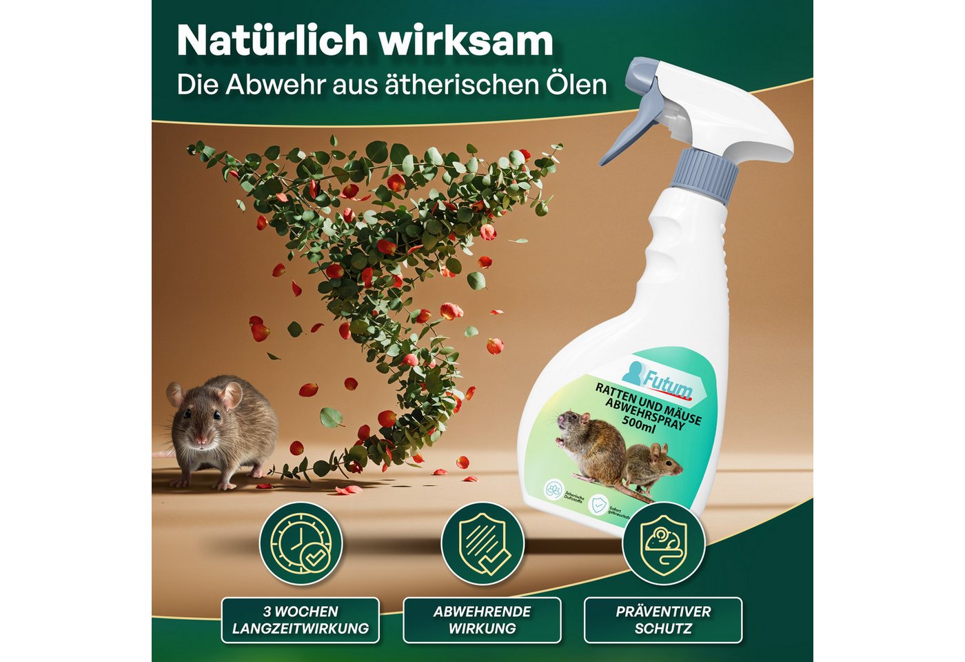 FUTUM Vergrämungsmittel Ratten & Mäuse Abwehrspray, 2 l, Präventiver Schutz, Vielseitig einsetzbar, Wirtschaftlich