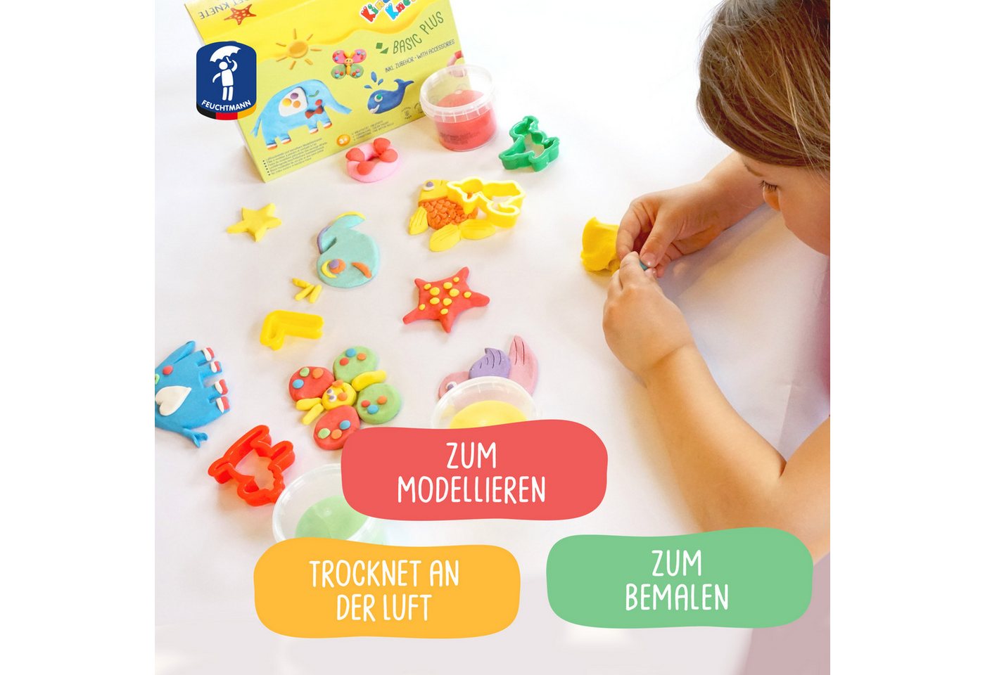 Feuchtmann Knetform-Set KINDER SOFT KNETE Basic Plus (Knetset, 1-tlg., mit Förmchen und Werkzeugen), 6 x 150g weiche Kinderknete in praktischen Dosen mit Zubehör
