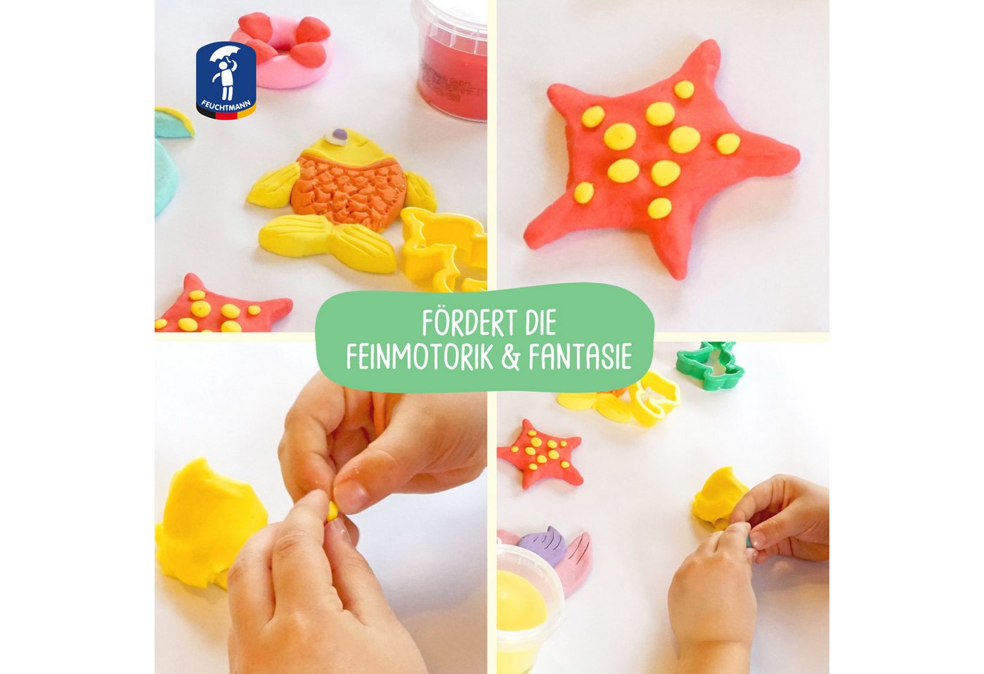 Feuchtmann Knetform-Set KINDER SOFT KNETE Basic Plus (Knetset, 1-tlg., mit Förmchen und Werkzeugen), 6 x 150g weiche Kinderknete in praktischen Dosen mit Zubehör Bild 2