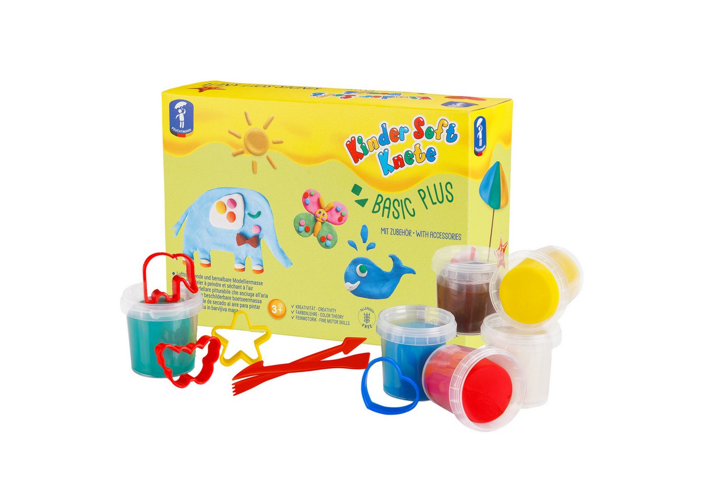Feuchtmann Knetform-Set KINDER SOFT KNETE Basic Plus (Knetset, 1-tlg., mit Förmchen und Werkzeugen), 6 x 150g weiche Kinderknete in praktischen Dosen mit Zubehör Bild 3