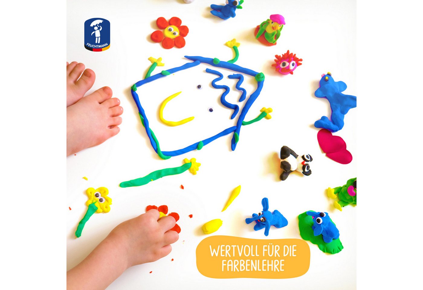 Feuchtmann Knetform-Set KINDER SOFT KNETE Basic Plus (Knetset, 1-tlg., mit Förmchen und Werkzeugen), 6 x 150g weiche Kinderknete in praktischen Dosen mit Zubehör Bild 4