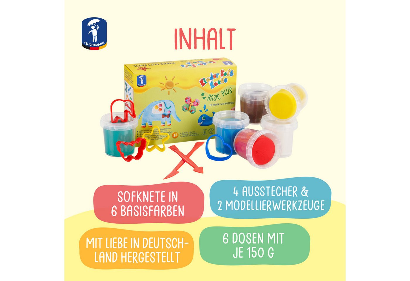 Feuchtmann Knetform-Set KINDER SOFT KNETE Basic Plus (Knetset, 1-tlg., mit Förmchen und Werkzeugen), 6 x 150g weiche Kinderknete in praktischen Dosen mit Zubehör Bild 5
