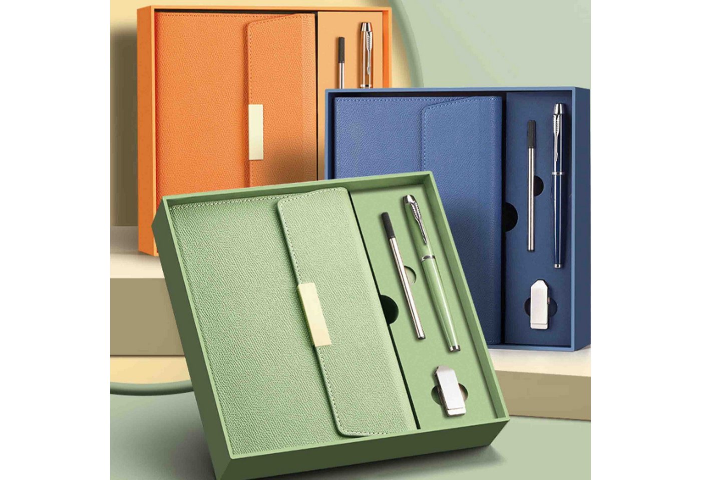 feinlux Notizbuch Business-Notizbuch-Geschenkset mit drei Falten, 80g Schreibpapier, Elastischer Stifthalter, Fadenheftung