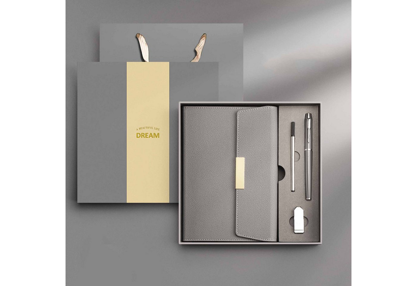 feinlux Notizbuch Business-Notizbuch-Geschenkset mit drei Falten, 80g Schreibpapier, Elastischer Stifthalter, Fadenheftung Bild 3