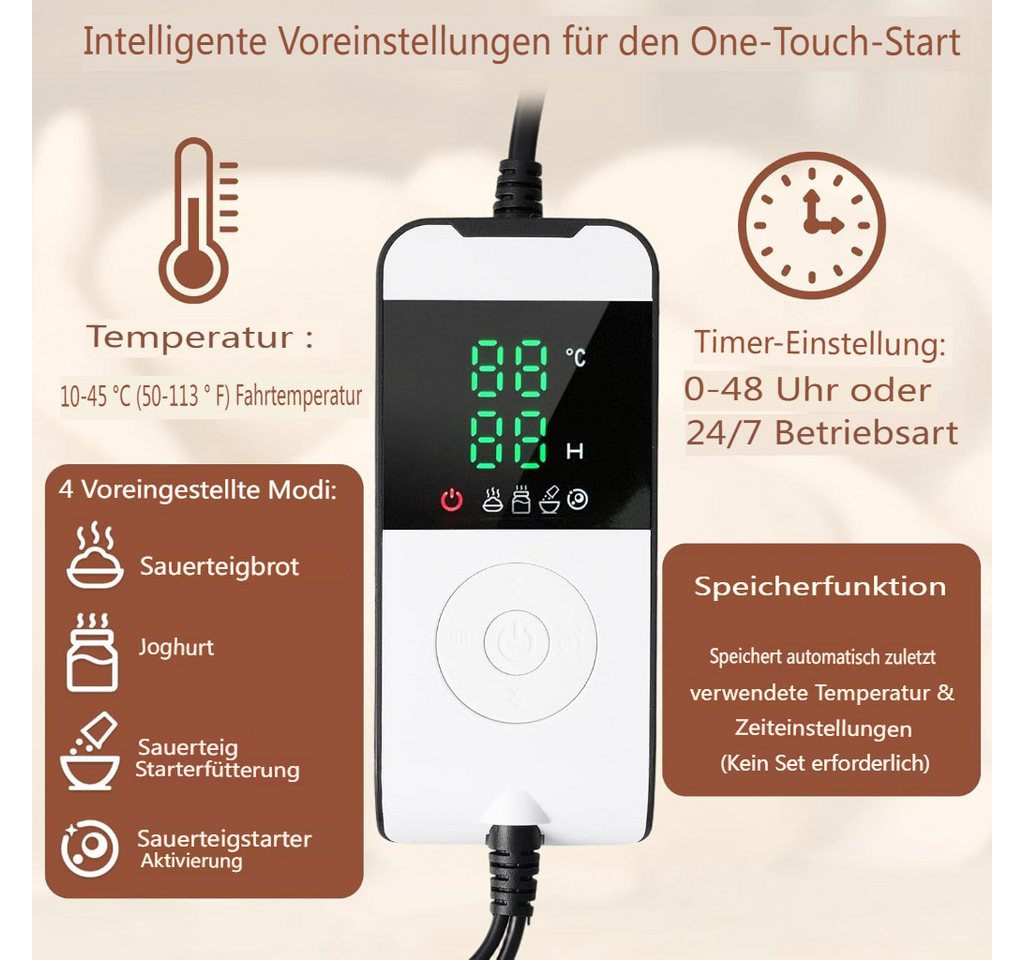 Insma Gärkorb 85W 36L Faltbare Brot-Gärbox Sauerteig Gärbox, (mit Temperaturregelung 18-45 °C, 48-Std-Timer und Edelstahlrost), zum Brotbacken Joghurt & Pizza, 40×30×30cm Bild 4