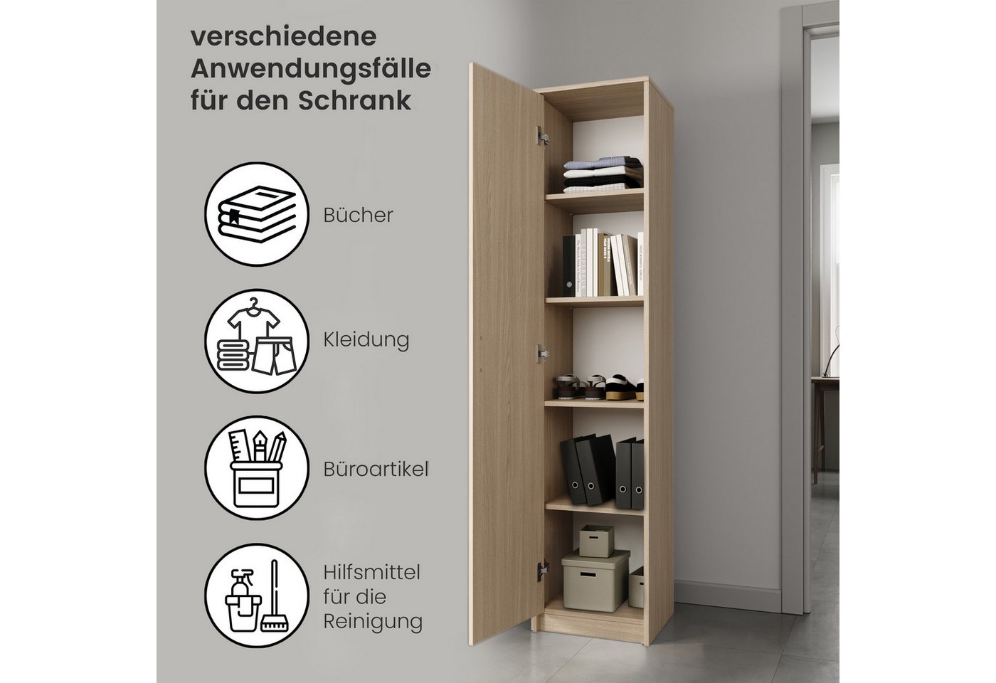 Home Collective Aktenschrank Bücherregal Kleiderschrank Regal 50 cm breit 180cm hoch Schrank (Regal Wand schmal Holz für Schlafzimmer Flur Keller Büro) Mehrzweckschrank mit 4 verstellbaren Einlegeböden Aktenschrank Sonoma Bild 5