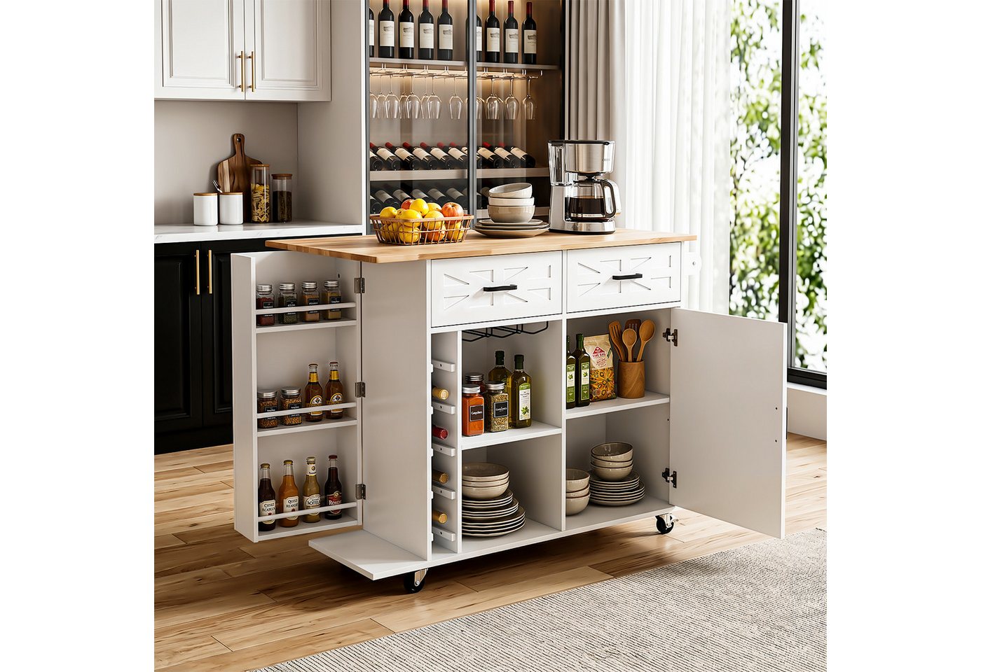 oyajia Küchenwagen mit erweiterbare Arbeitsplatte, Rollen und Handtuchhalter, (Servierwagen mit ausziehbarem Ablagefach Kücheninsel Küchenschrank, 1 St., 129 x 40/ 70 x 90.5 cm), Sideboard freistehend