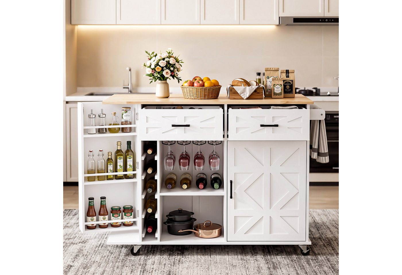 oyajia Küchenwagen mit erweiterbare Arbeitsplatte, Rollen und Handtuchhalter, (Servierwagen mit ausziehbarem Ablagefach Kücheninsel Küchenschrank, 1 St., 129 x 40/ 70 x 90.5 cm), Sideboard freistehend Bild 2