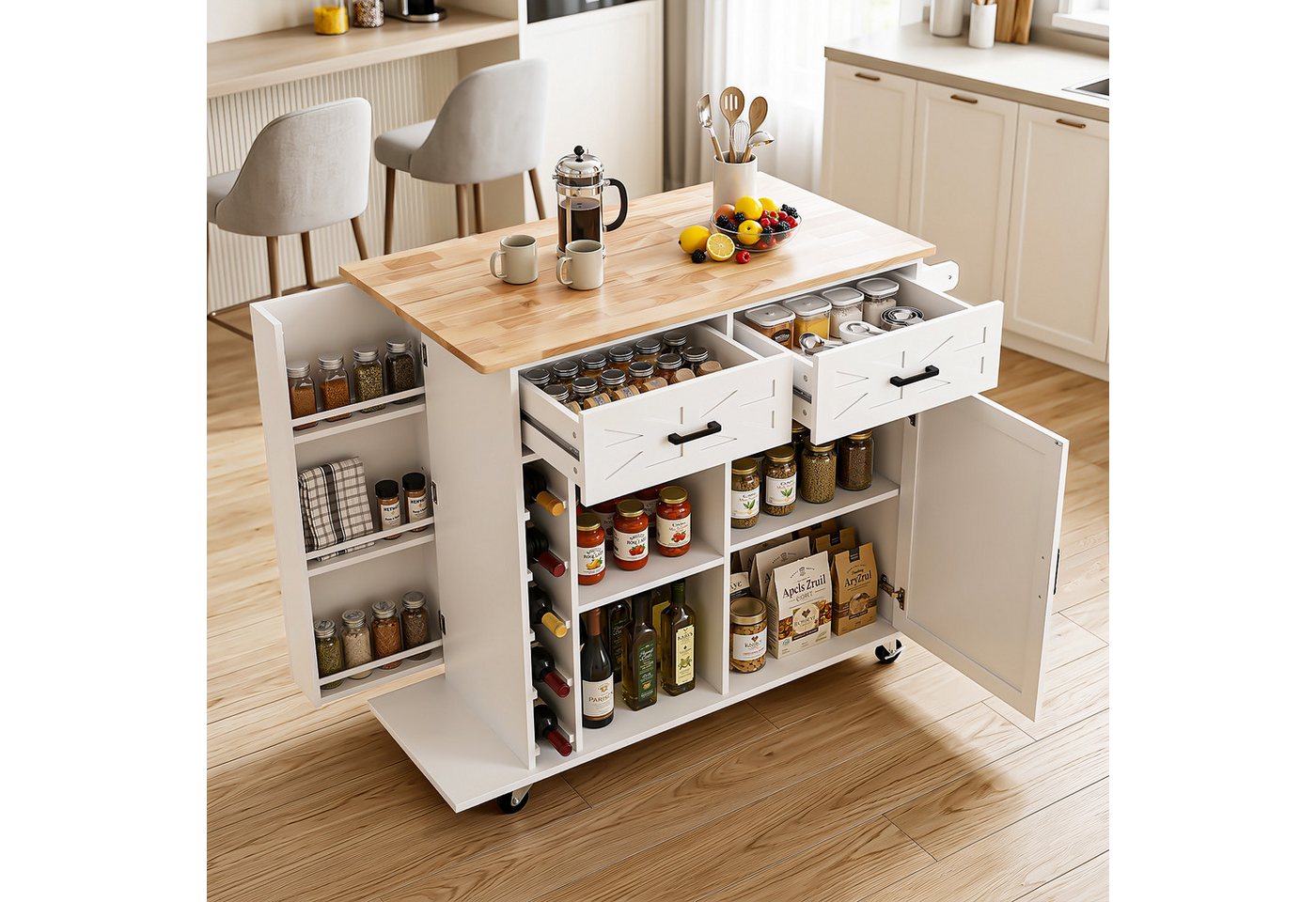 oyajia Küchenwagen mit erweiterbare Arbeitsplatte, Rollen und Handtuchhalter, (Servierwagen mit ausziehbarem Ablagefach Kücheninsel Küchenschrank, 1 St., 129 x 40/ 70 x 90.5 cm), Sideboard freistehend Bild 4