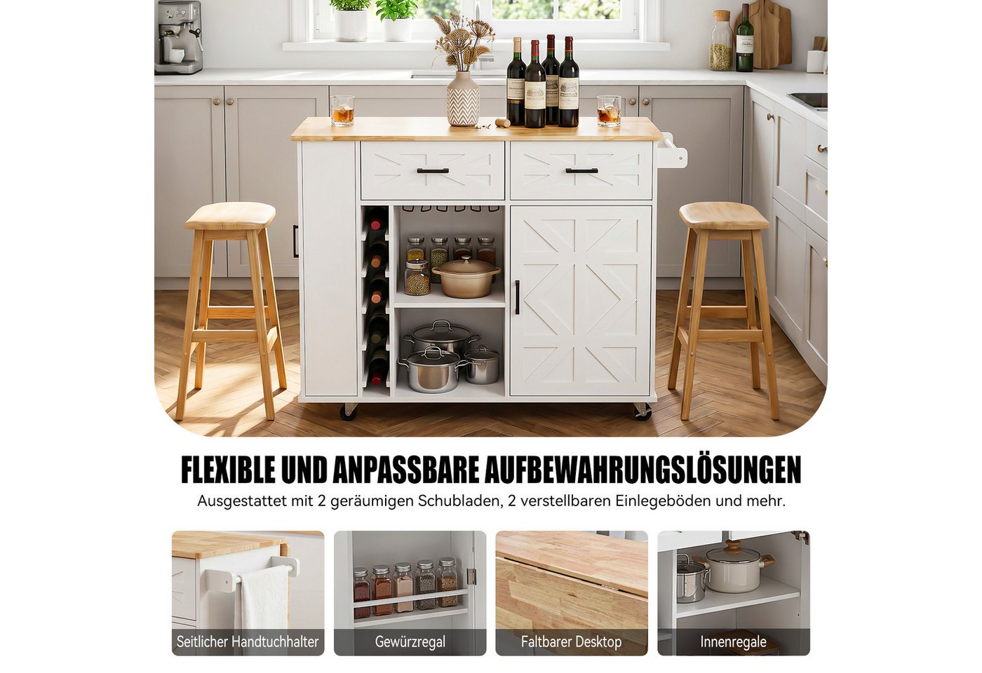 oyajia Küchenwagen mit erweiterbare Arbeitsplatte, Rollen und Handtuchhalter, (Servierwagen mit ausziehbarem Ablagefach Kücheninsel Küchenschrank, 1 St., 129 x 40/ 70 x 90.5 cm), Sideboard freistehend Bild 5