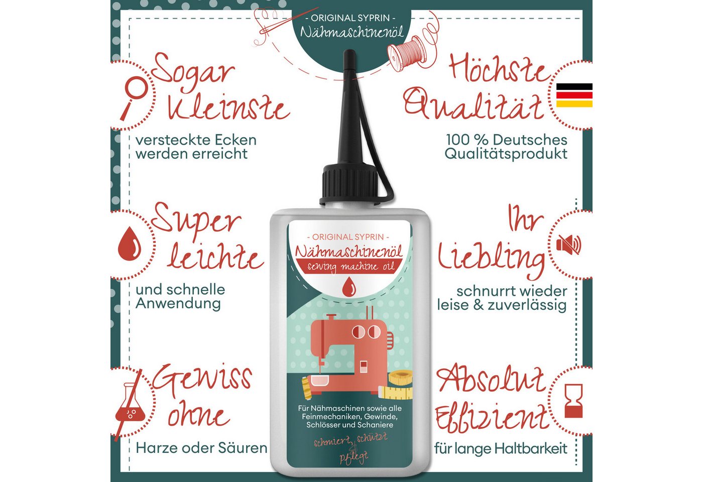 Original Syprin Feinmechaniköl Premium Nähmaschinenöl, Harz- & Säurefrei, Universal, 100 ml, (1-St., Harz- & Säurefrei, Ideal für feinmechanische Komponenten 100 ml), Harz- und säurefrei Bild 4