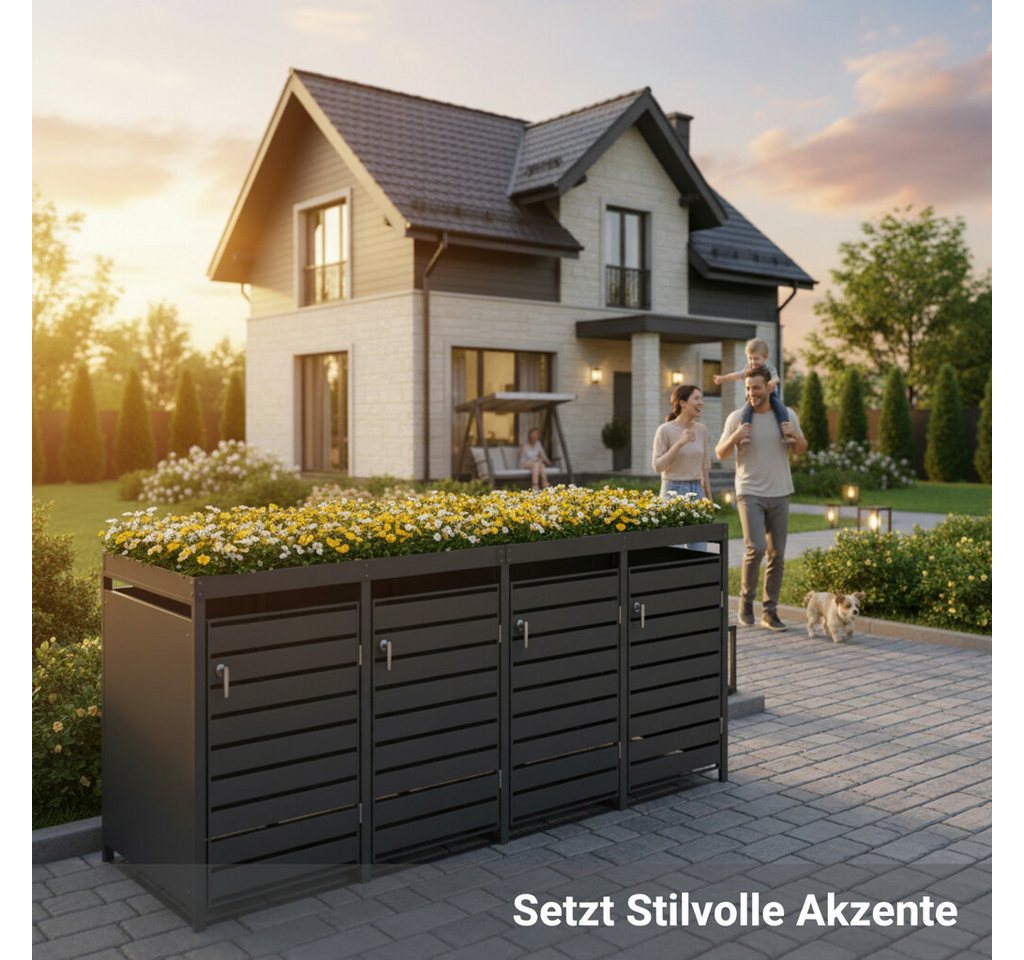 NovaTerra Mülltonnenbox Mülltonnenverkleidung mit 2/3/4 Türen für 240L Tonnen anthrazit, Fußpedal, Pflanzendach Bild 3