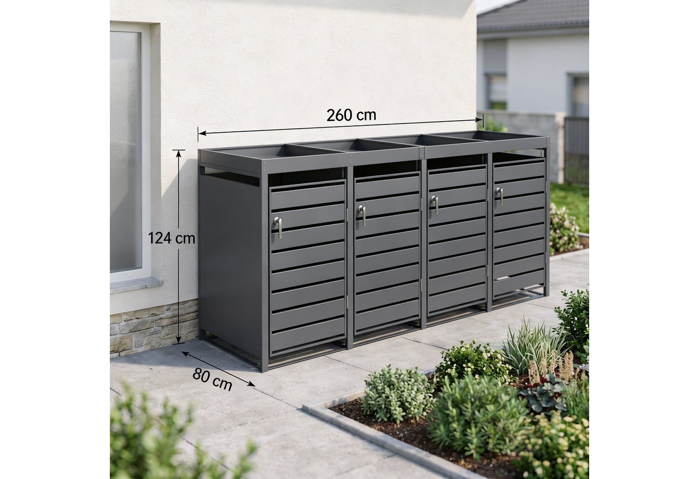 NovaTerra Mülltonnenbox Mülltonnenverkleidung mit 2/3/4 Türen für 240L Tonnen anthrazit, Fußpedal, Pflanzendach Bild 4