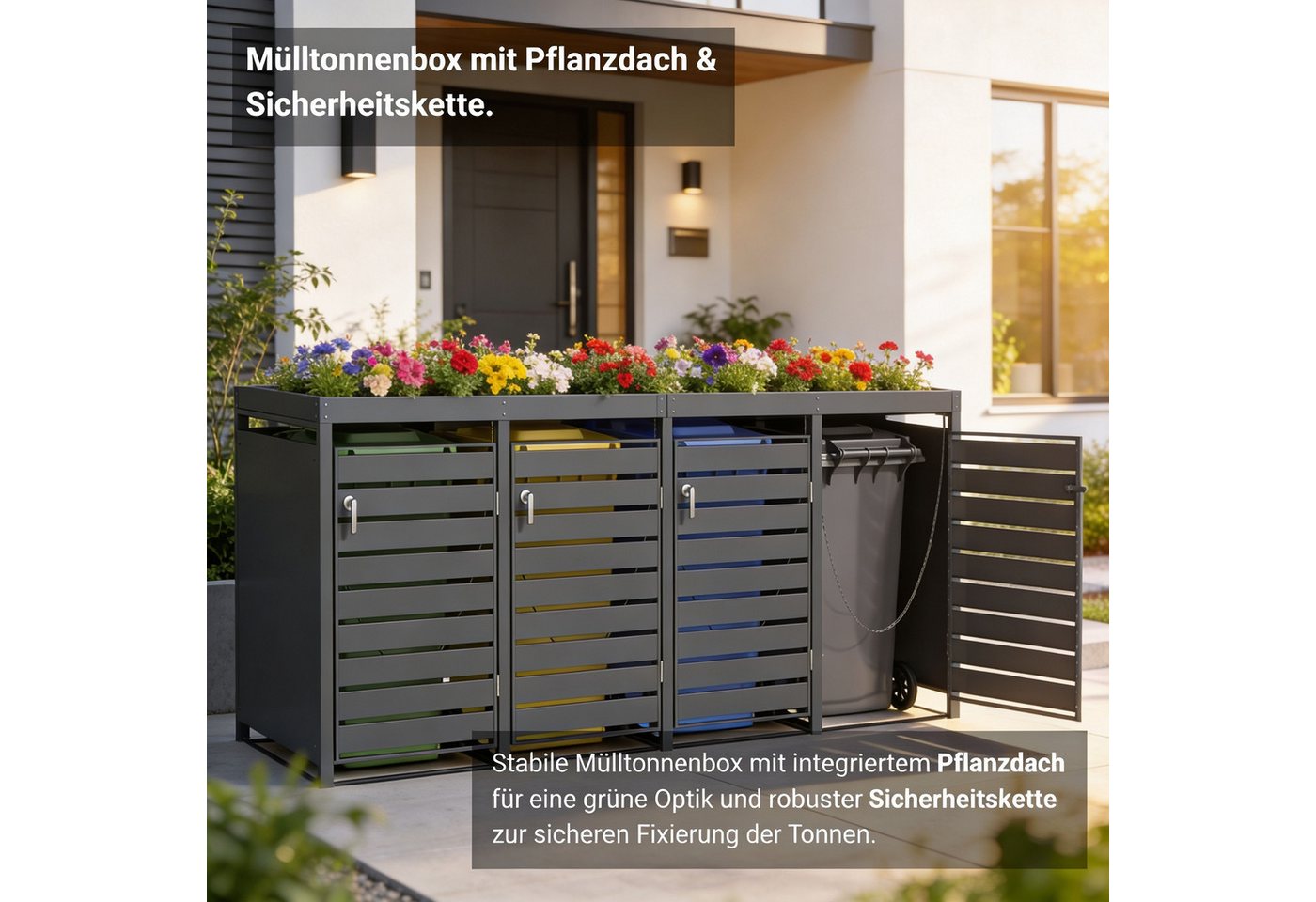 NovaTerra Mülltonnenbox Mülltonnenverkleidung mit 2/3/4 Türen für 240L Tonnen anthrazit, Fußpedal, Pflanzendach Bild 5