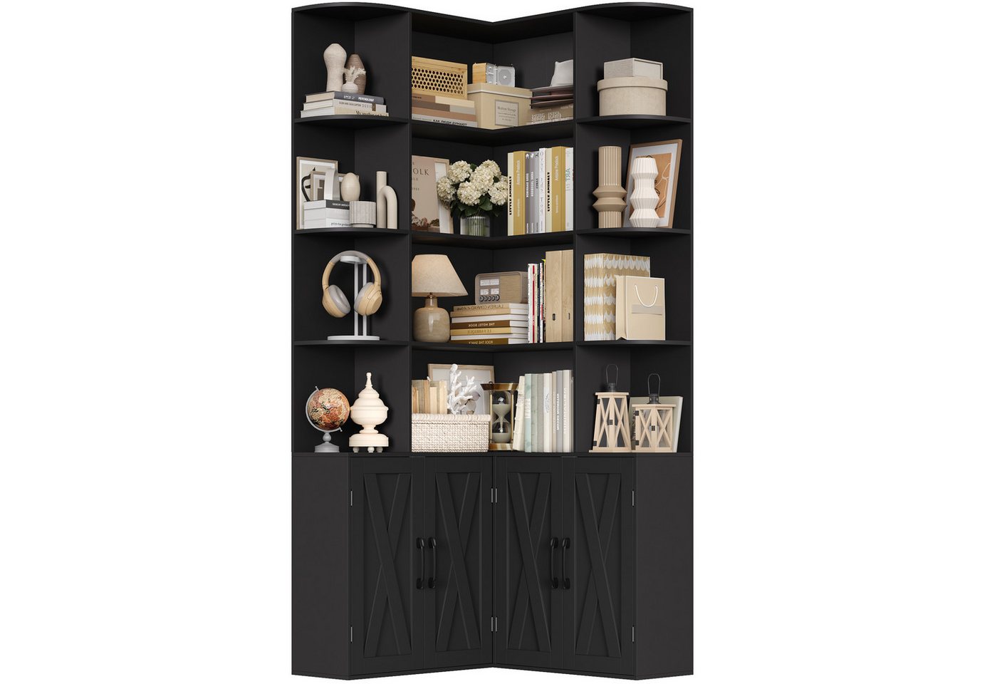 Homfa Bücherregal 187 cm hoher Bücherschrank mit Türen Eckregal, Eckbücherregal Standregal L-förmiger Eckschrank 80 x 80 x 187 cm