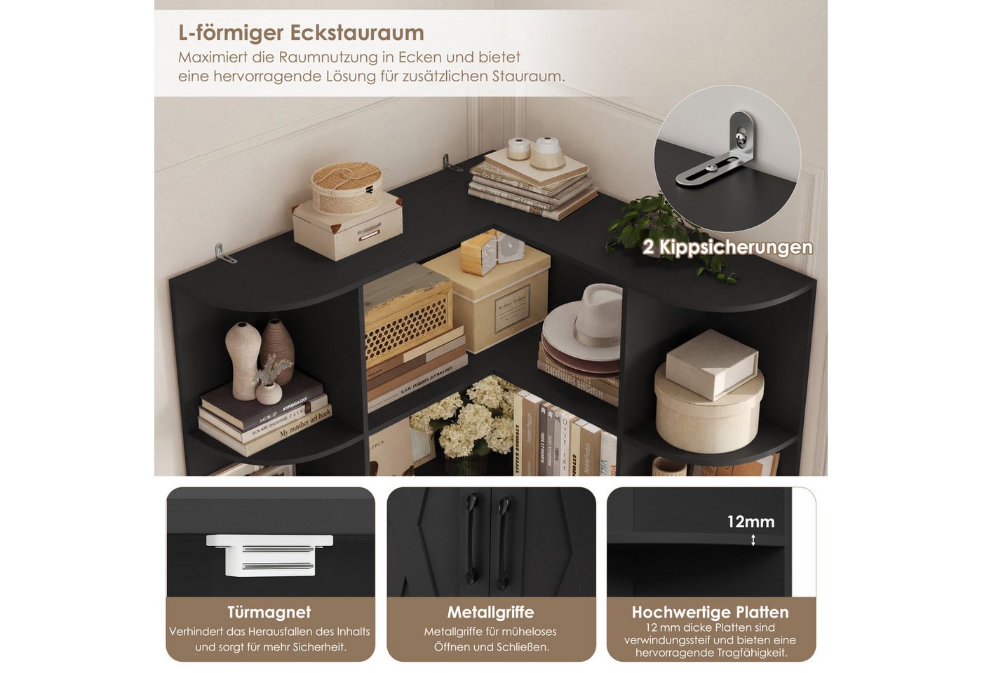 Homfa Bücherregal 187 cm hoher Bücherschrank mit Türen Eckregal, Eckbücherregal Standregal L-förmiger Eckschrank 80 x 80 x 187 cm Bild 2