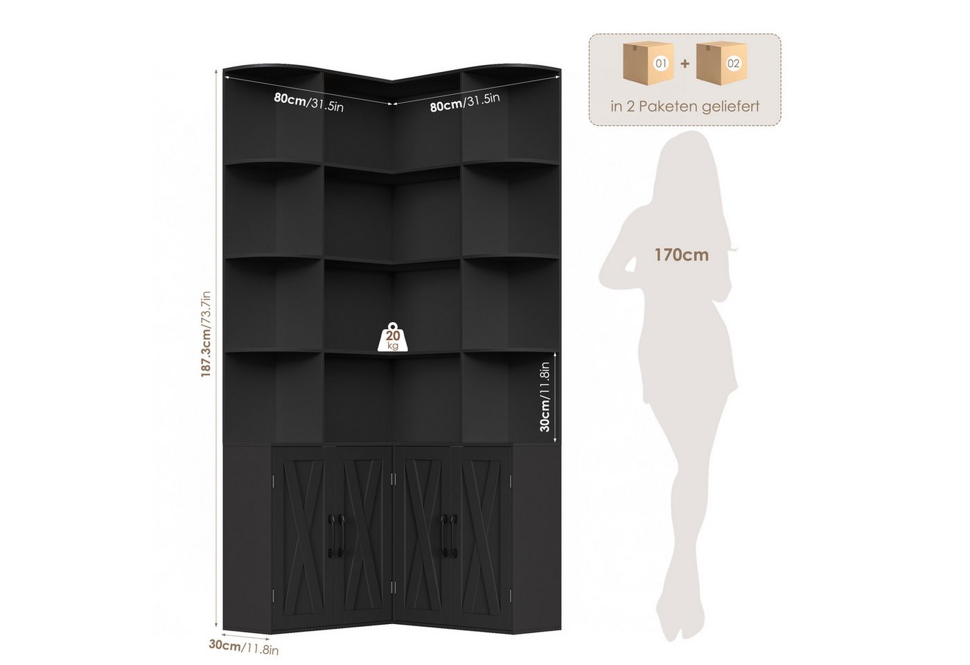 Homfa Bücherregal 187 cm hoher Bücherschrank mit Türen Eckregal, Eckbücherregal Standregal L-förmiger Eckschrank 80 x 80 x 187 cm Bild 3