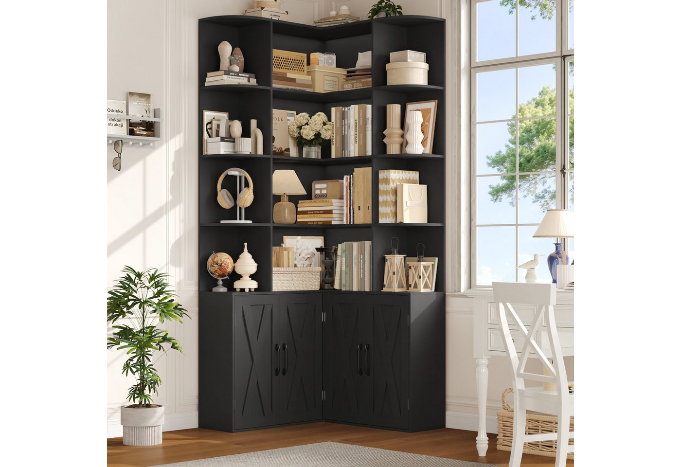 Homfa Bücherregal 187 cm hoher Bücherschrank mit Türen Eckregal, Eckbücherregal Standregal L-förmiger Eckschrank 80 x 80 x 187 cm Bild 4