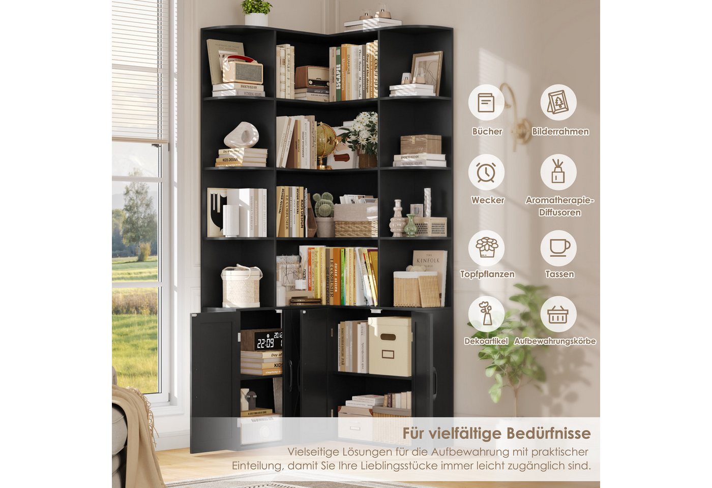 Homfa Bücherregal 187 cm hoher Bücherschrank mit Türen Eckregal, Eckbücherregal Standregal L-förmiger Eckschrank 80 x 80 x 187 cm Bild 5